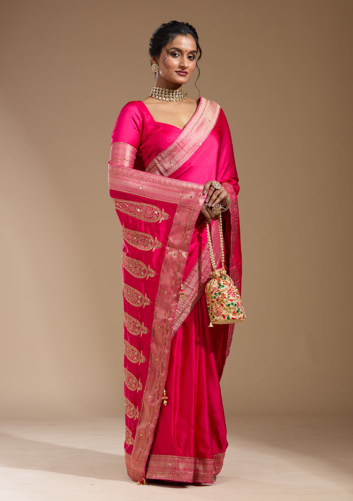 Rani Pink Silk Plain Cutdana Saree With Matching Blouse Piece