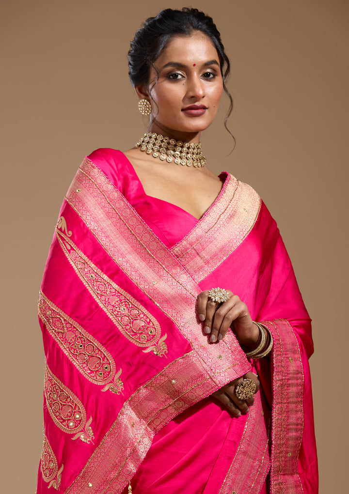 Rani Pink Silk Plain Cutdana Saree With Matching Blouse Piece