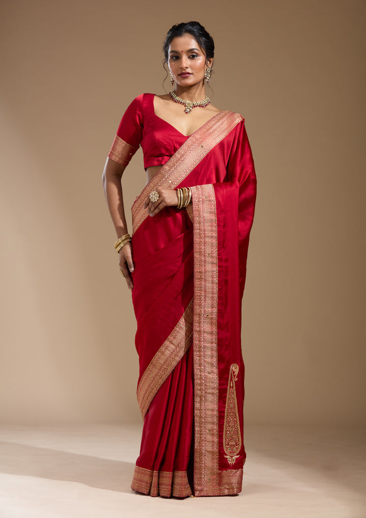 Maroon Silk Plain Cutdana Saree With Matching Blouse Piece
