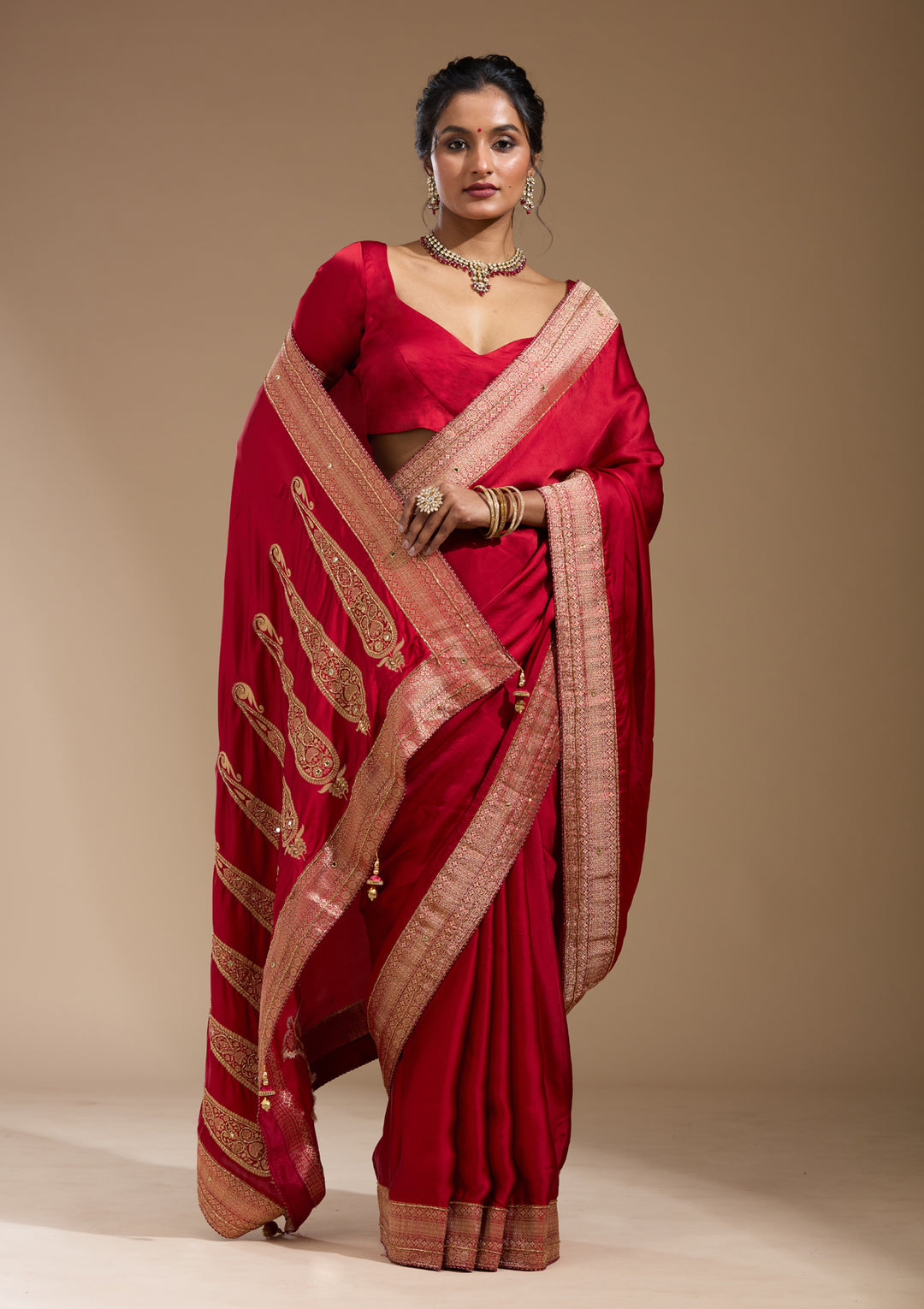 Red Cutdana Silk Saree