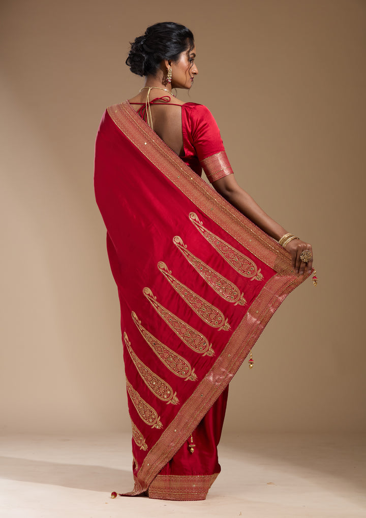 Maroon Silk Plain Cutdana Saree With Matching Blouse Piece