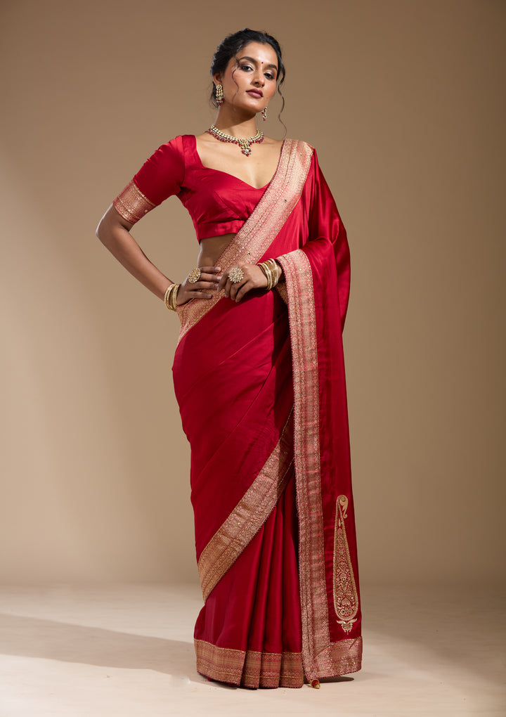 Maroon Silk Plain Cutdana Saree With Matching Blouse Piece