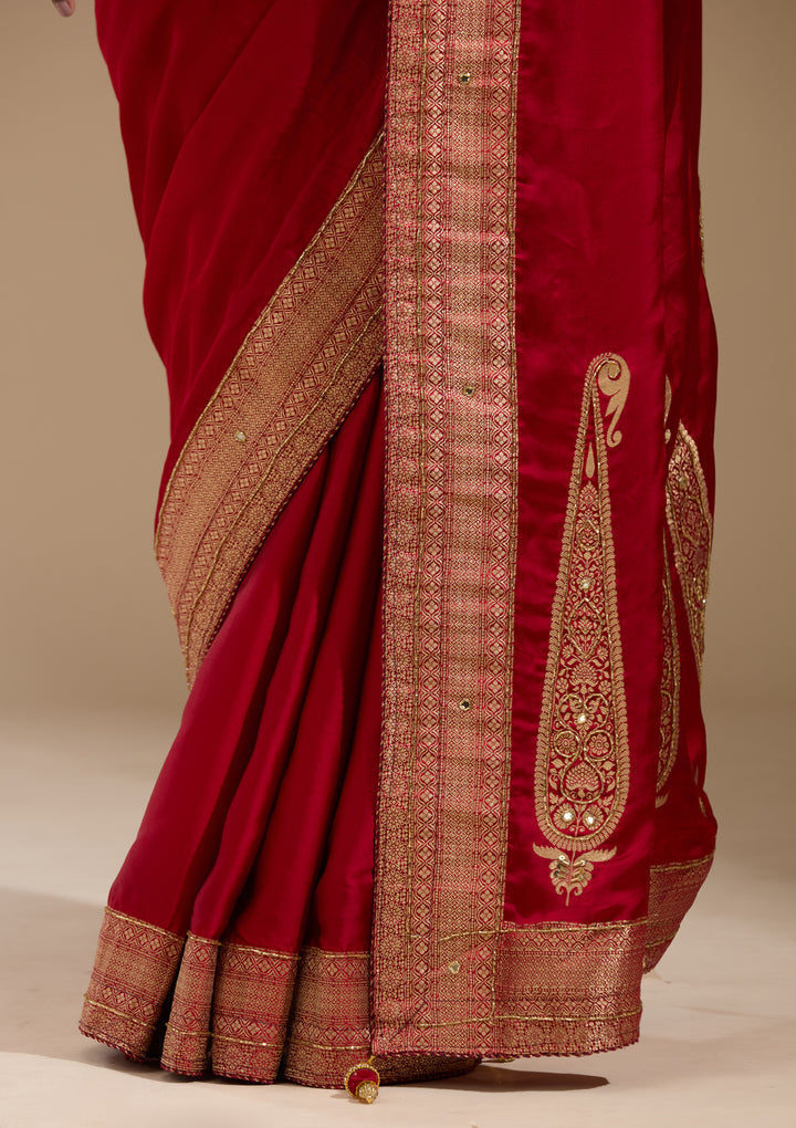 Maroon Silk Plain Cutdana Saree With Matching Blouse Piece