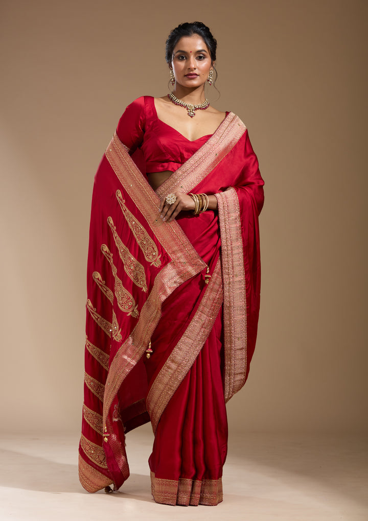 Maroon Silk Plain Cutdana Saree With Matching Blouse Piece
