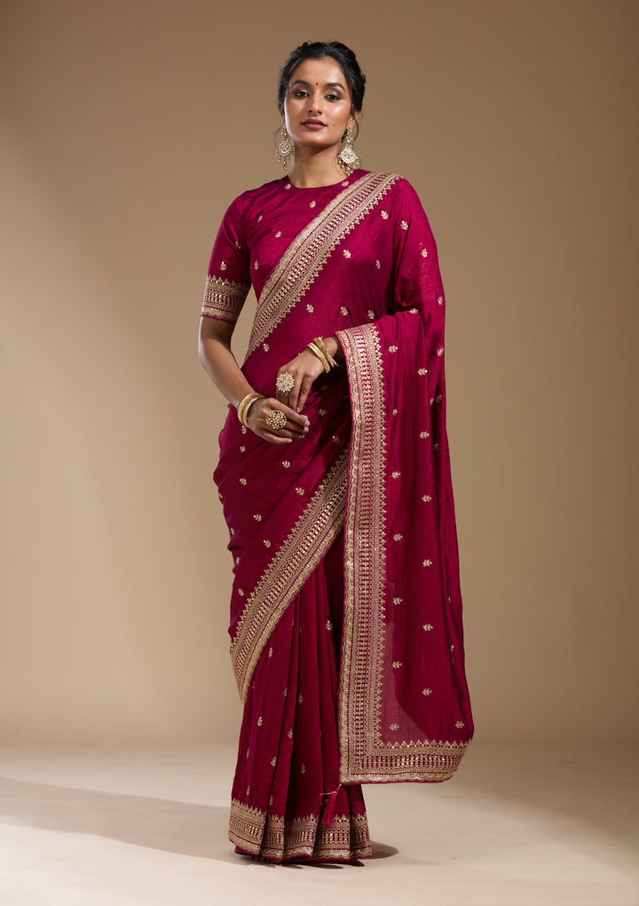 Magenta Pink Soft Raw Silk Cording Saree With Matching Blouse Piece