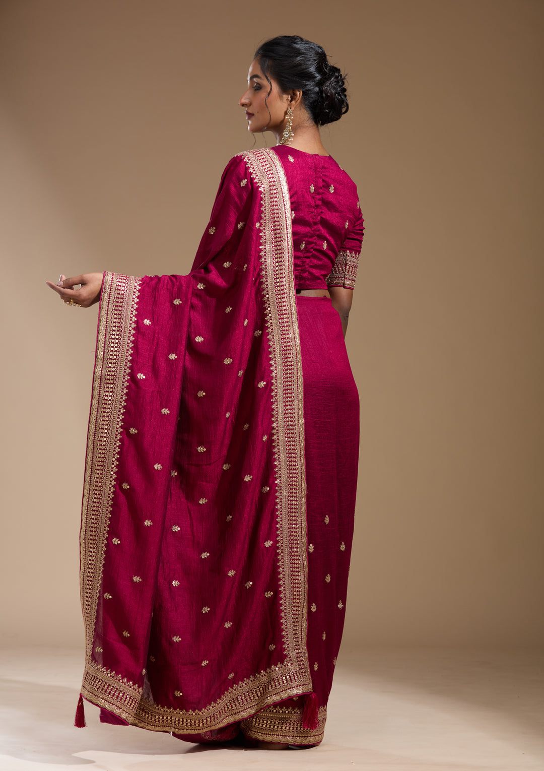 Magenta Pink Soft Raw Silk Cording Saree With Matching Blouse Piece