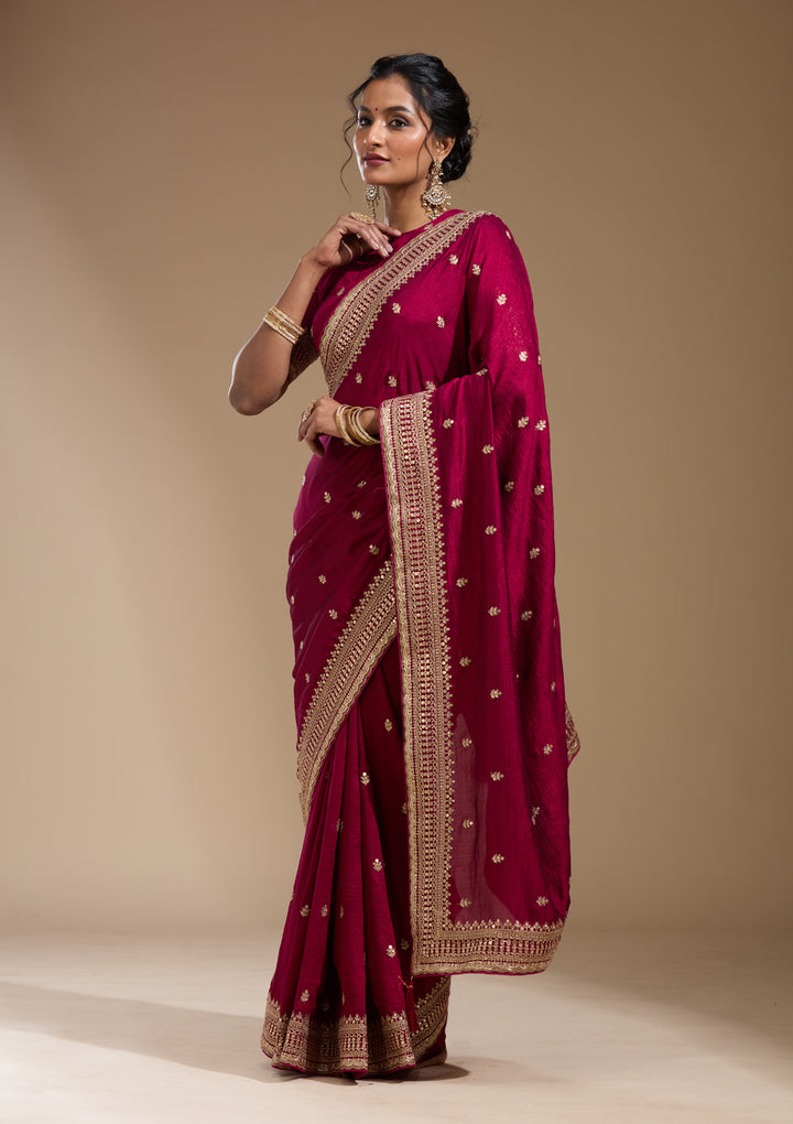 Magenta Pink Soft Raw Silk Cording Saree With Matching Blouse Piece