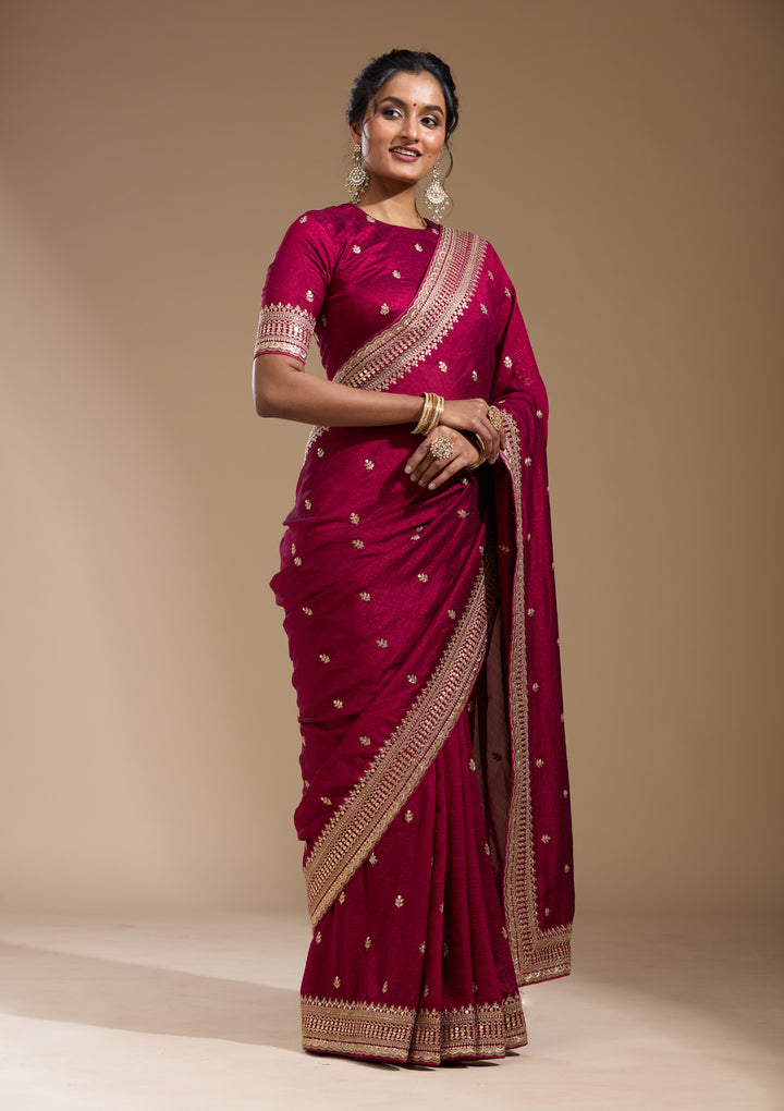 Magenta Pink Soft Raw Silk Cording Saree With Matching Blouse Piece