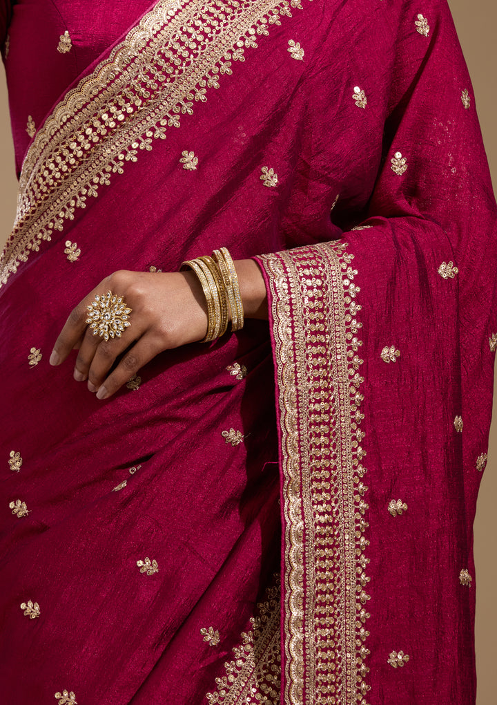 Magenta Pink Soft Raw Silk Cording Saree With Matching Blouse Piece