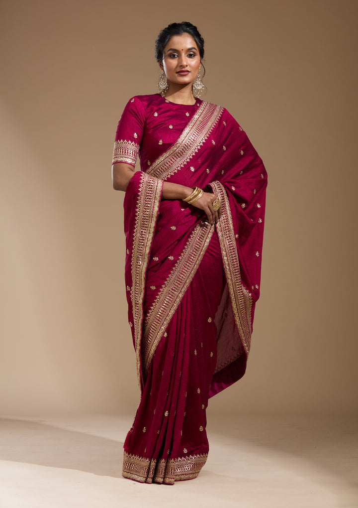 Magenta Pink Soft Raw Silk Cording Saree With Matching Blouse Piece