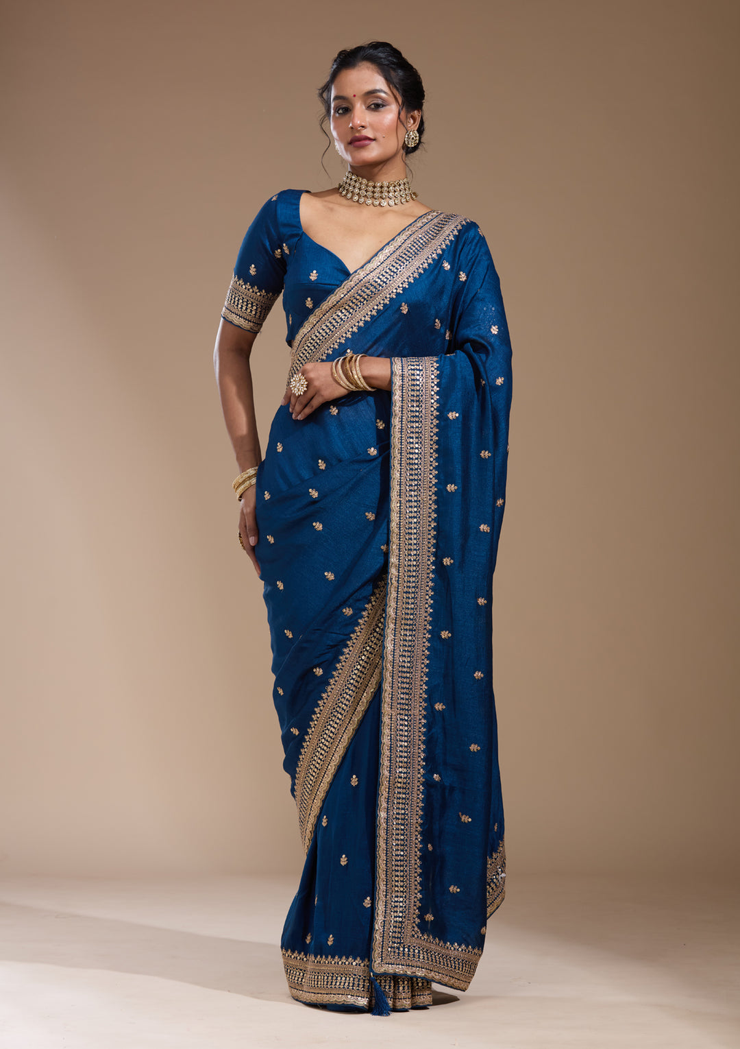 Peacock Blue Soft Raw Silk Cording Saree With Matching Blouse Piece