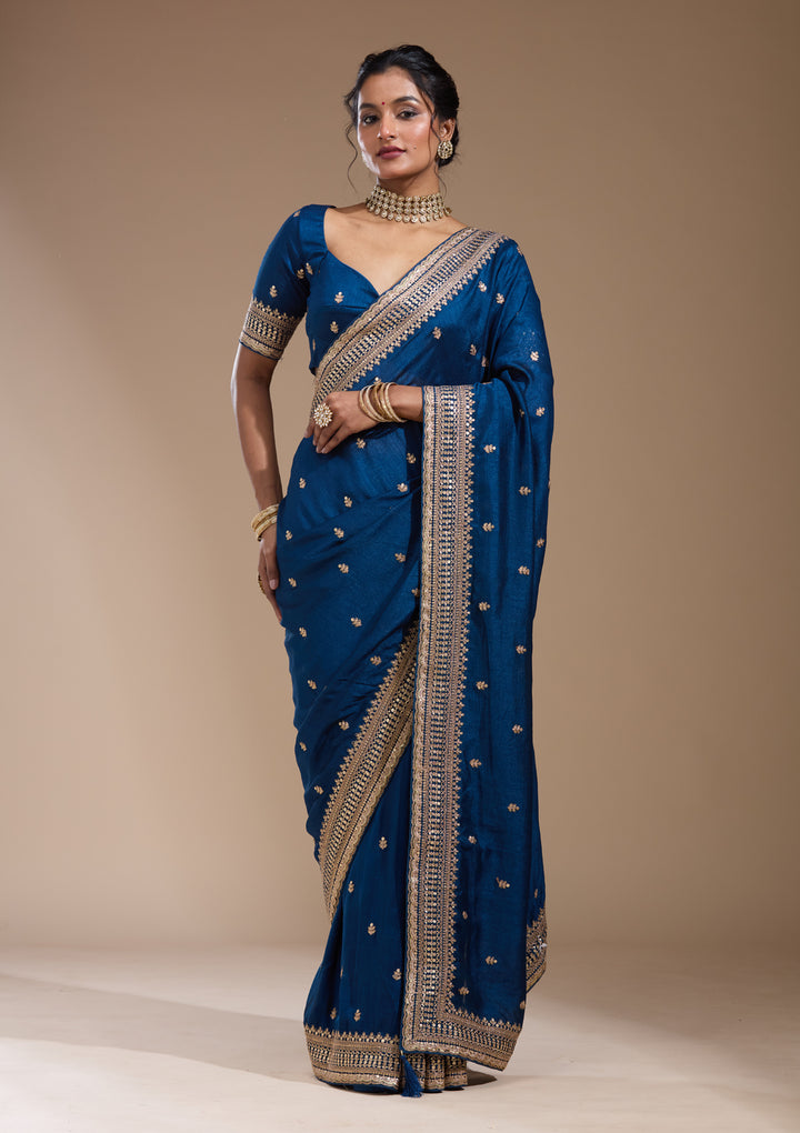 Peacock Blue Soft Raw Silk Cording Saree With Matching Blouse Piece