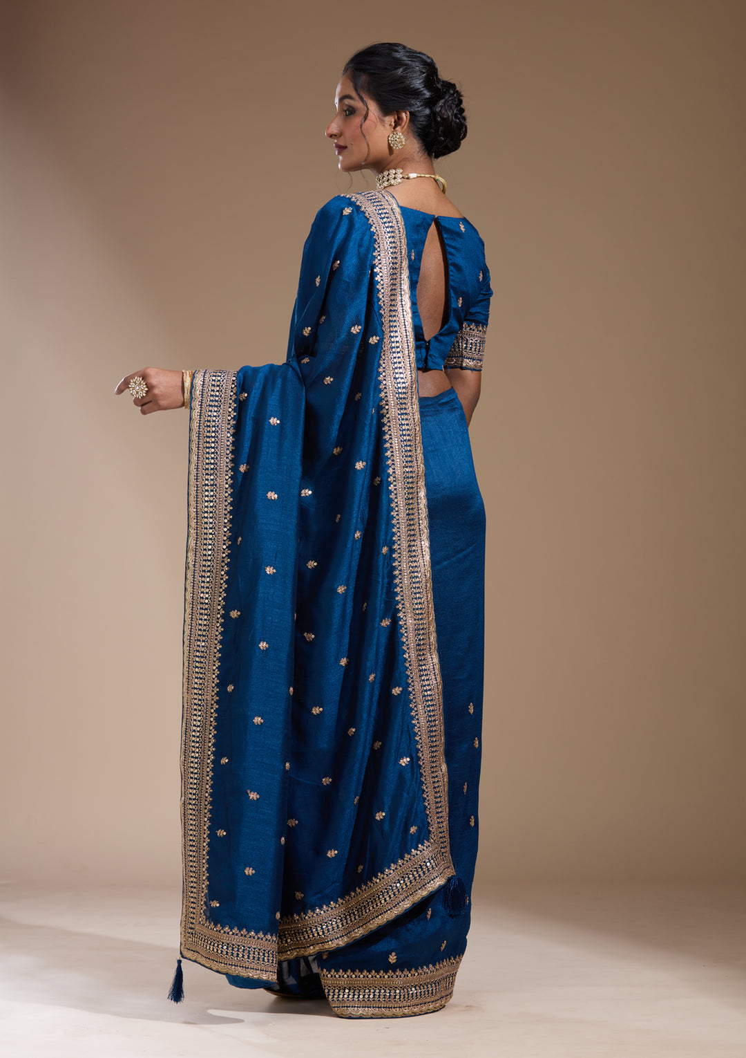 Peacock Blue Soft Raw Silk Cording Saree With Matching Blouse Piece
