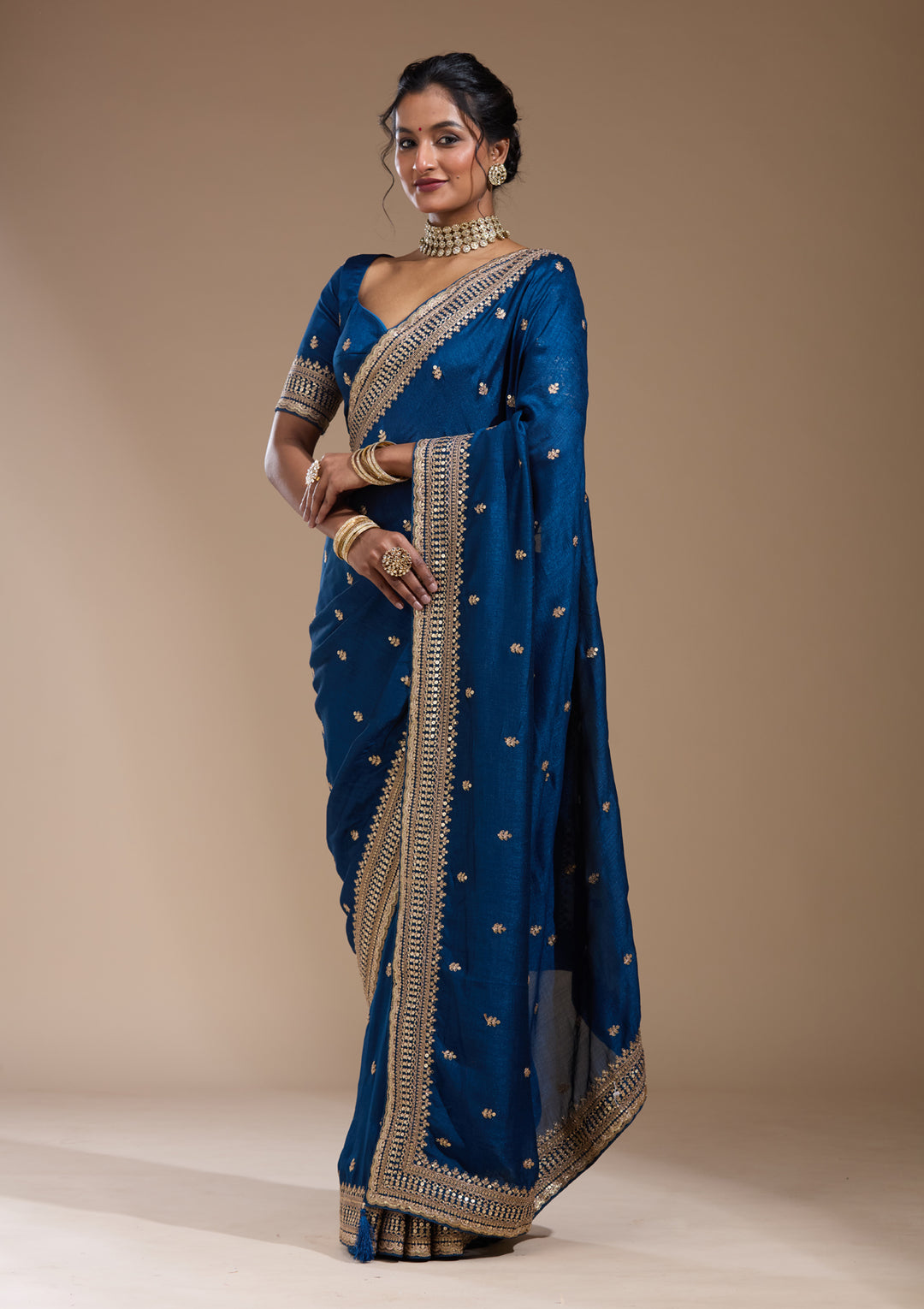Peacock Blue Soft Raw Silk Cording Saree With Matching Blouse Piece
