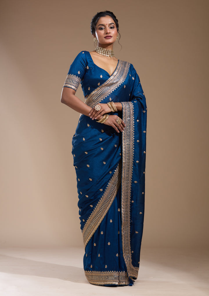 Peacock Blue Soft Raw Silk Cording Saree With Matching Blouse Piece