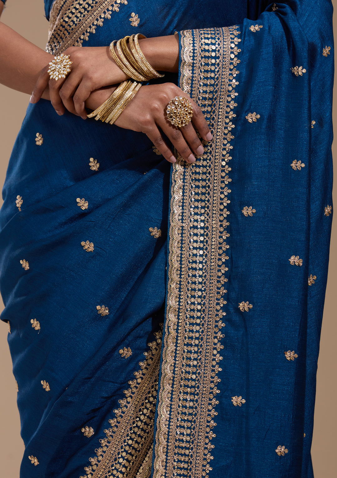 Peacock Blue Soft Raw Silk Cording Saree With Matching Blouse Piece