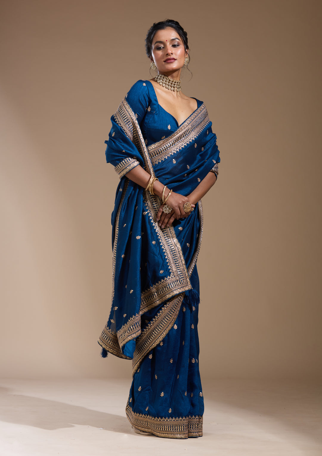 Peacock Blue Soft Raw Silk Cording Saree With Matching Blouse Piece