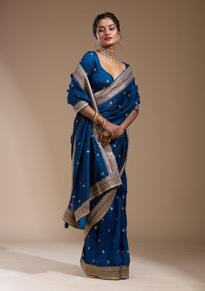 Peacock Blue Soft Raw Silk Cording Saree With Matching Blouse Piece