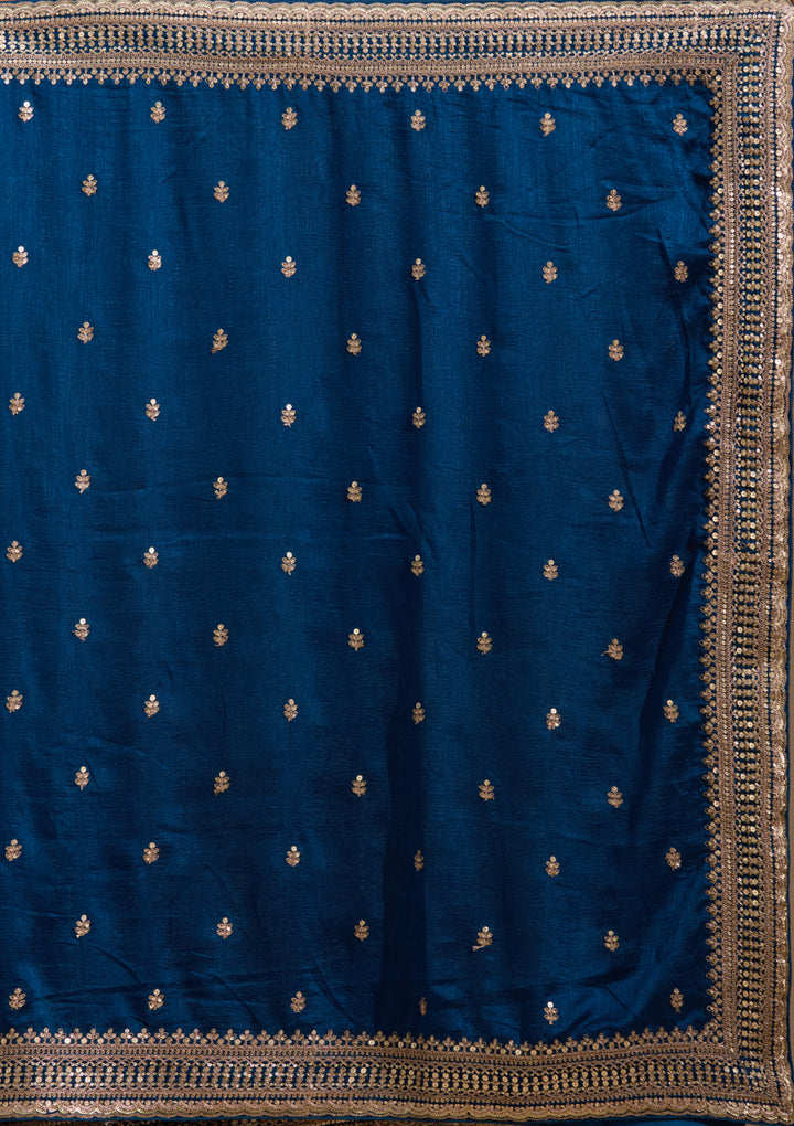 Peacock Blue Soft Raw Silk Cording Saree With Matching Blouse Piece