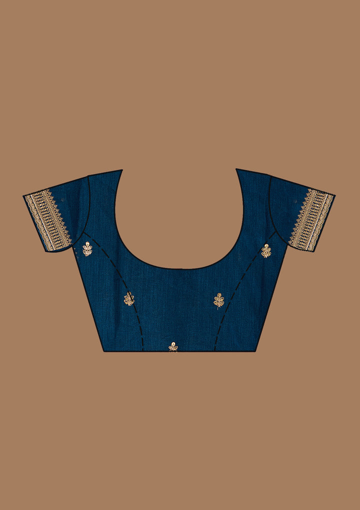 Peacock Blue Soft Raw Silk Cording Saree With Matching Blouse Piece