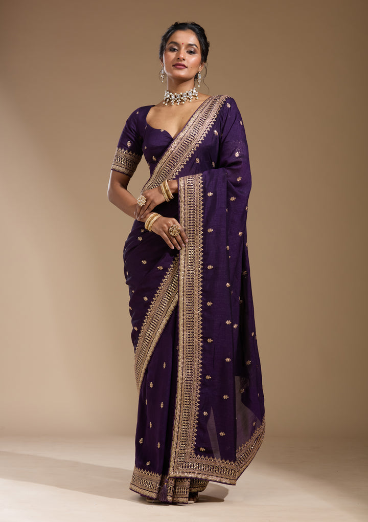 Purple Soft Raw Silk Cording Saree With Matching Blouse Piece
