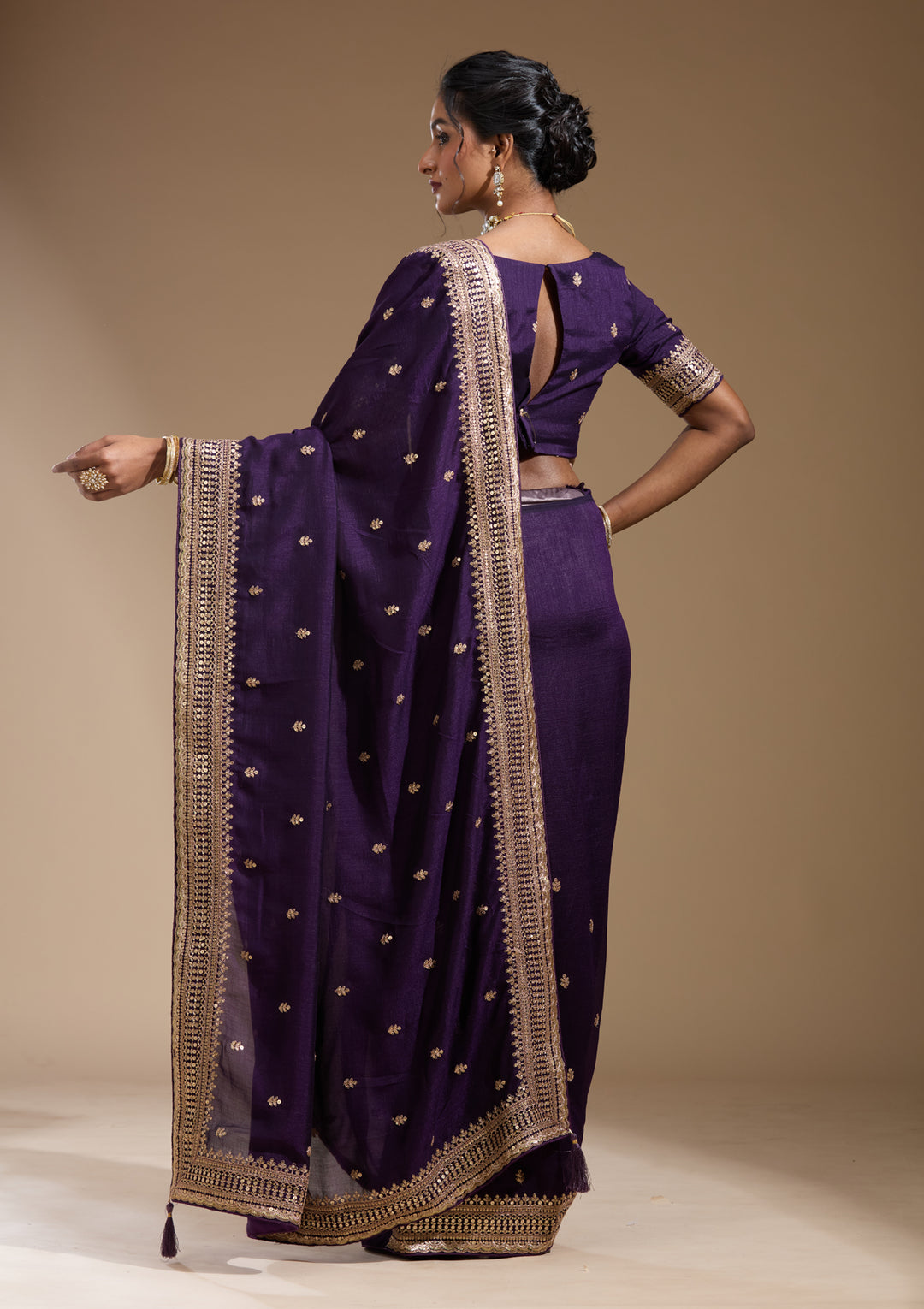 Purple Soft Raw Silk Cording Saree With Matching Blouse Piece