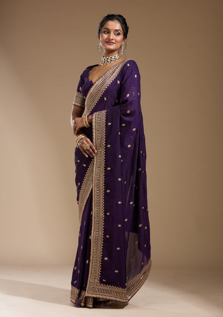 Purple Soft Raw Silk Cording Saree With Matching Blouse Piece