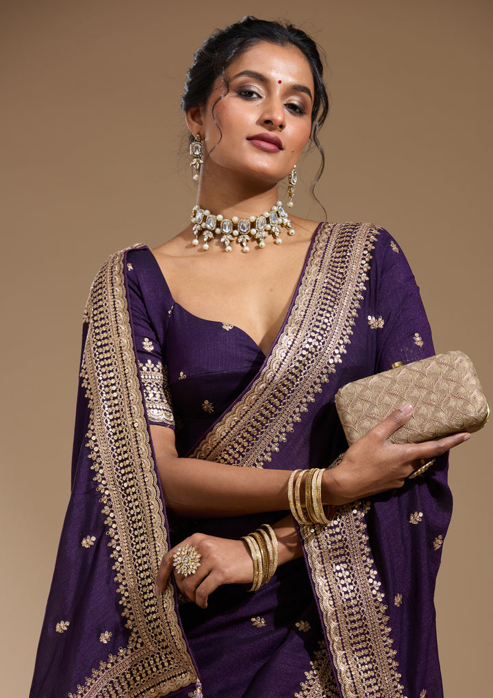 Purple Soft Raw Silk Cording Saree With Matching Blouse Piece
