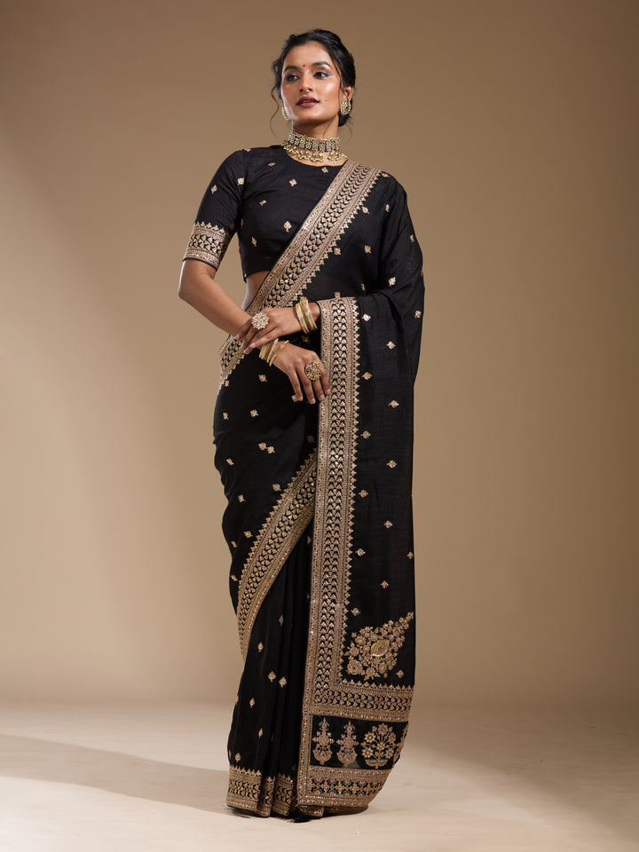 Black Soft Raw Silk Cording Saree With Matching Blouse Piece