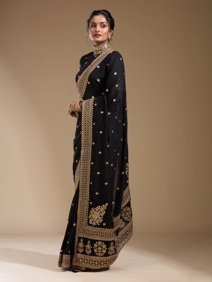 Black Soft Raw Silk Cording Saree With Matching Blouse Piece