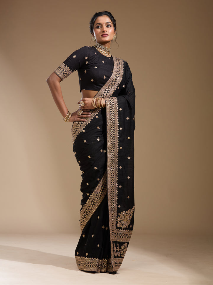 Black Soft Raw Silk Cording Saree With Matching Blouse Piece