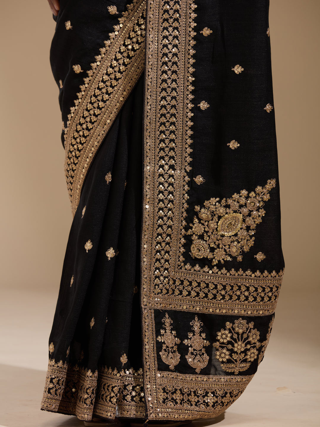 Black Soft Raw Silk Cording Saree With Matching Blouse Piece