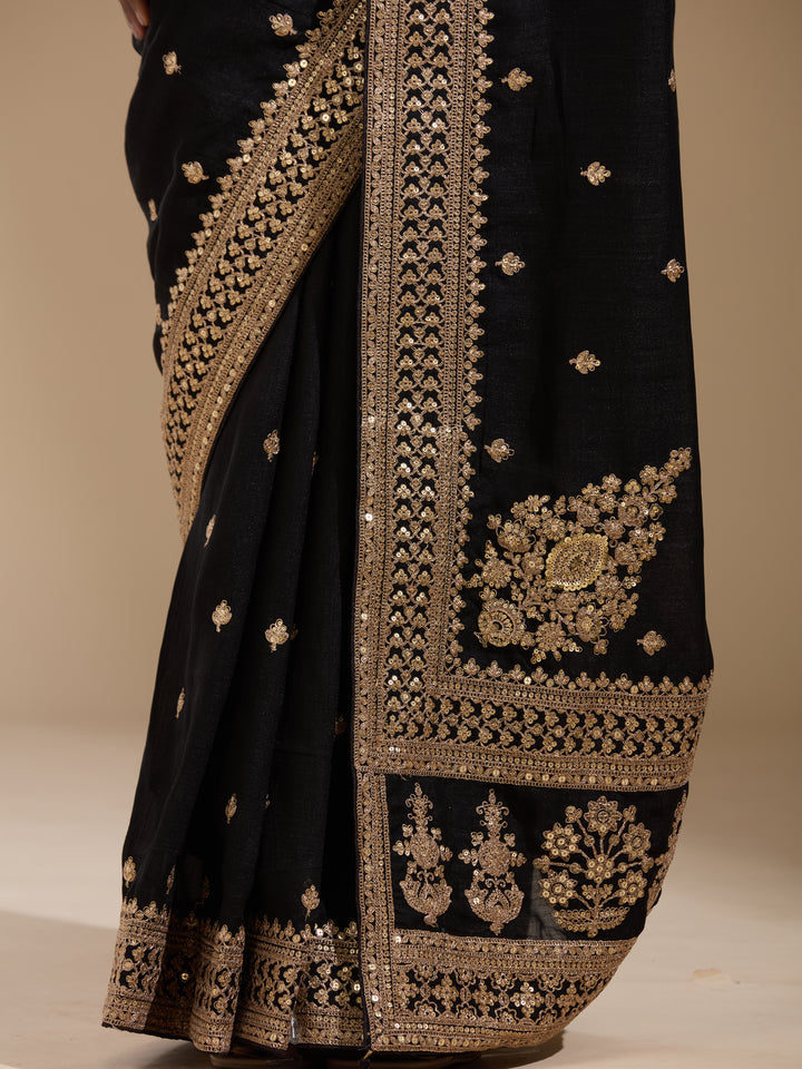Black Soft Raw Silk Cording Saree With Matching Blouse Piece