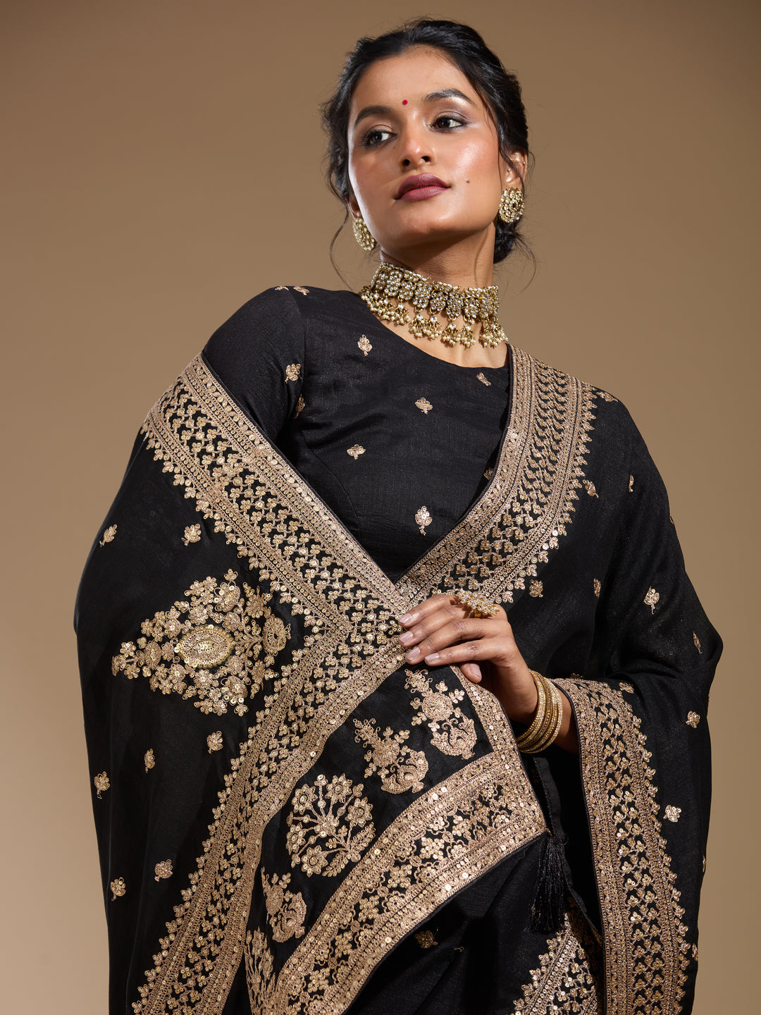 Black Soft Raw Silk Cording Saree With Matching Blouse Piece