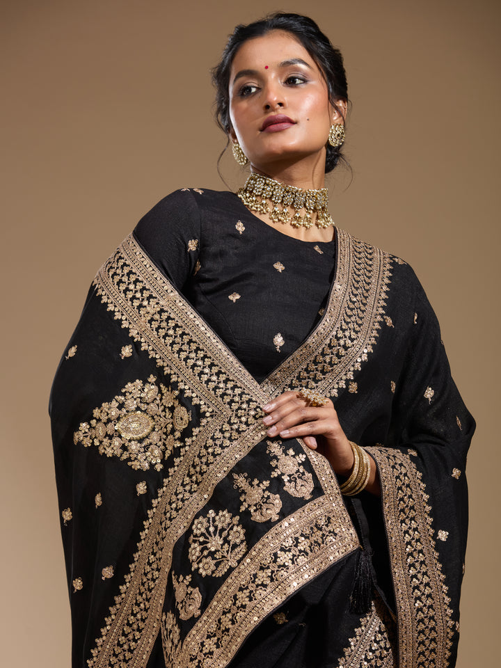 Black Soft Raw Silk Cording Saree With Matching Blouse Piece