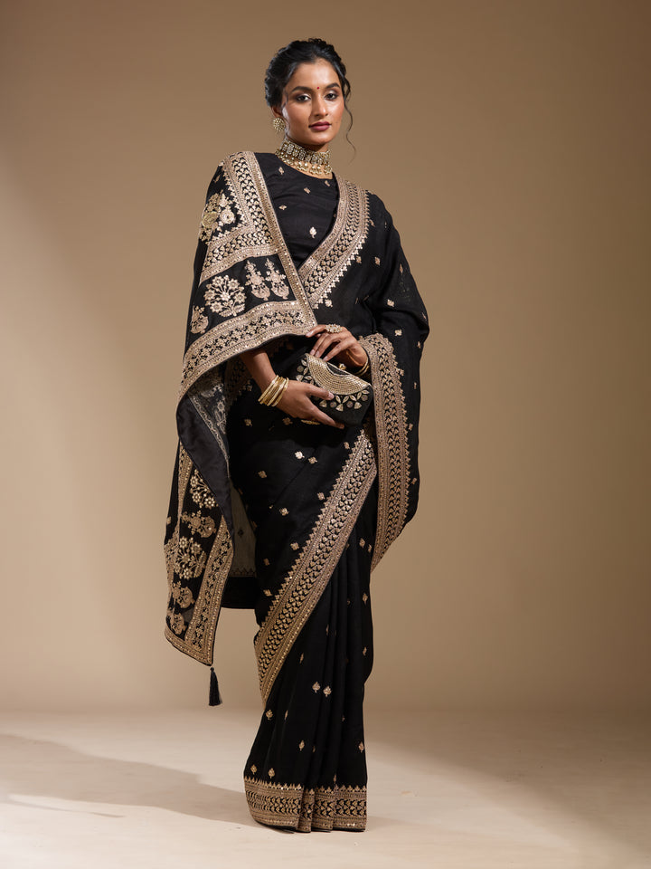Black Soft Raw Silk Cording Saree With Matching Blouse Piece