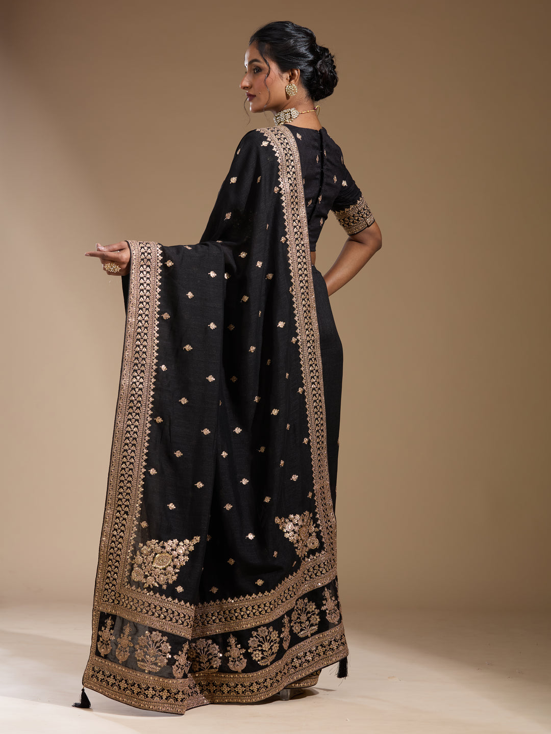 Black Soft Raw Silk Cording Saree With Matching Blouse Piece