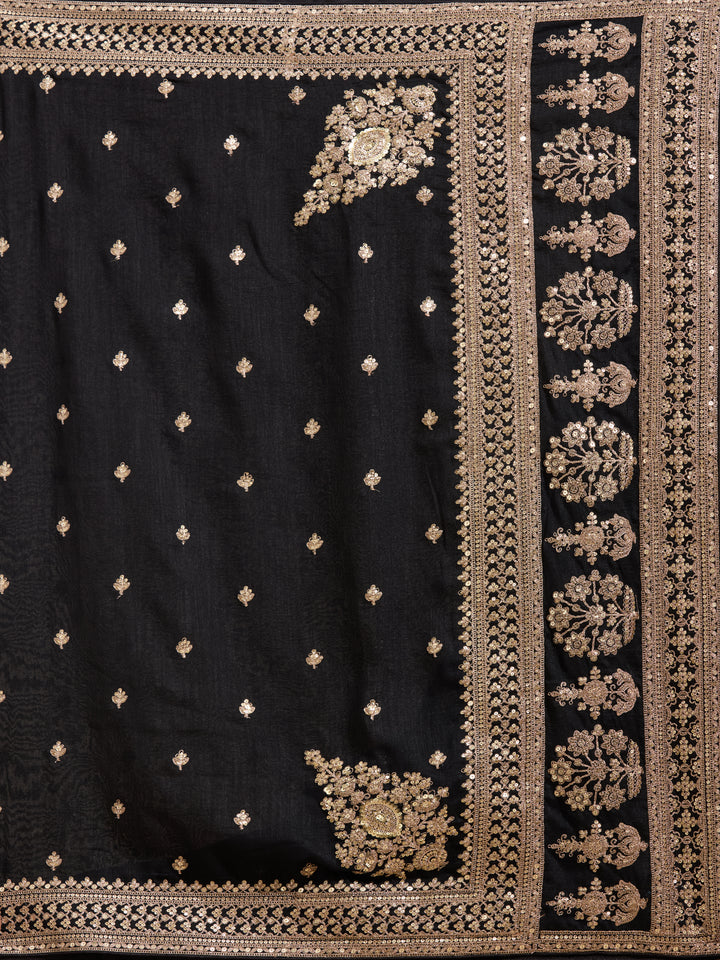 Black Soft Raw Silk Cording Saree With Matching Blouse Piece
