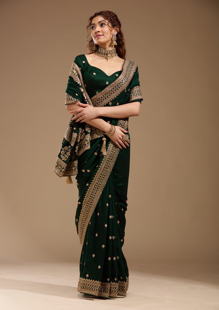 Bottle Green Soft Raw Silk Cording Saree With Matching Blouse Piece