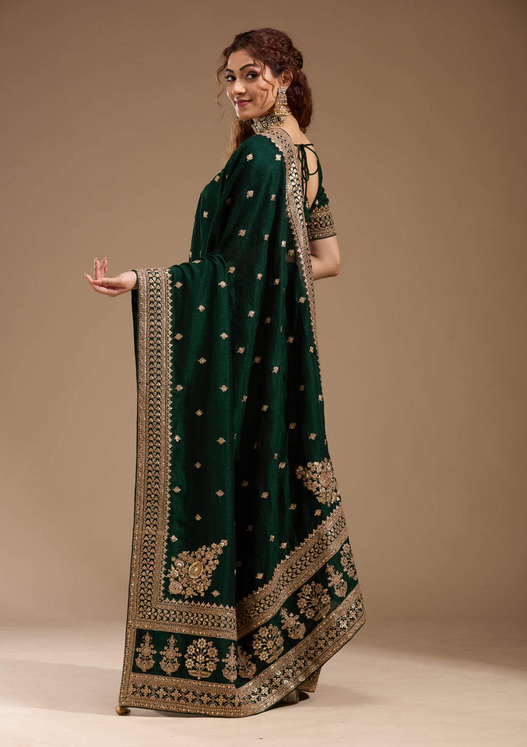Bottle Green Soft Raw Silk Cording Saree With Matching Blouse Piece