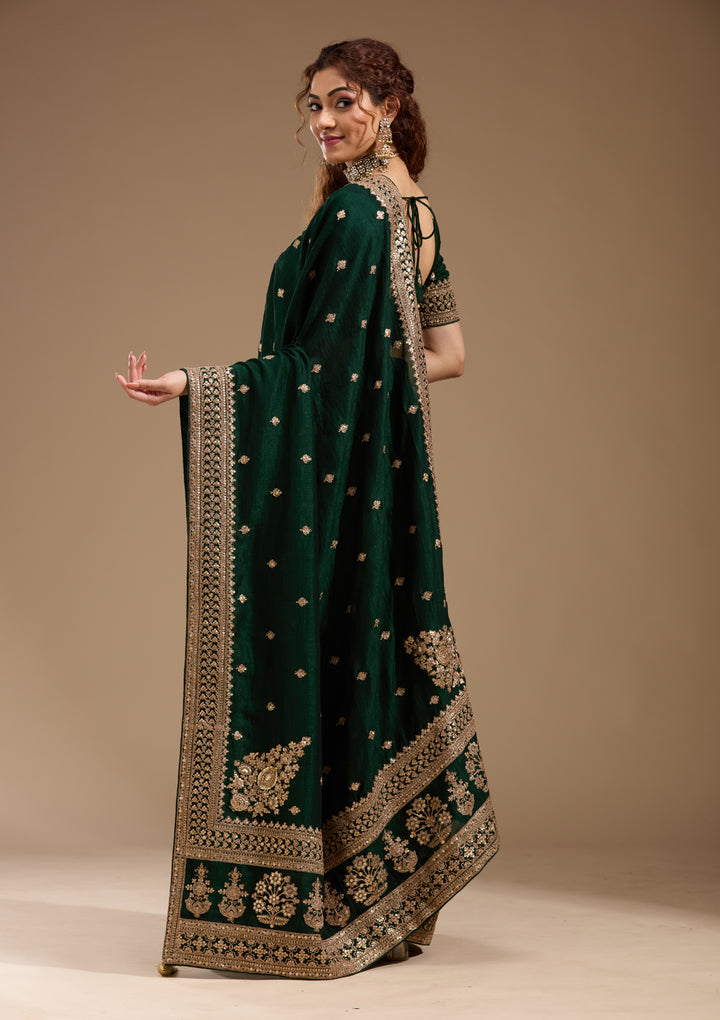 Bottle Green Soft Raw Silk Cording Saree With Matching Blouse Piece