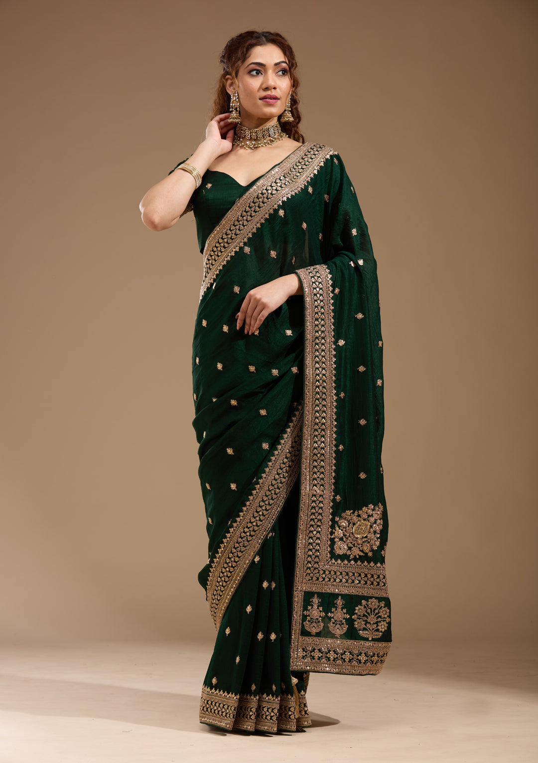 Bottle Green Soft Raw Silk Cording Saree With Matching Blouse Piece