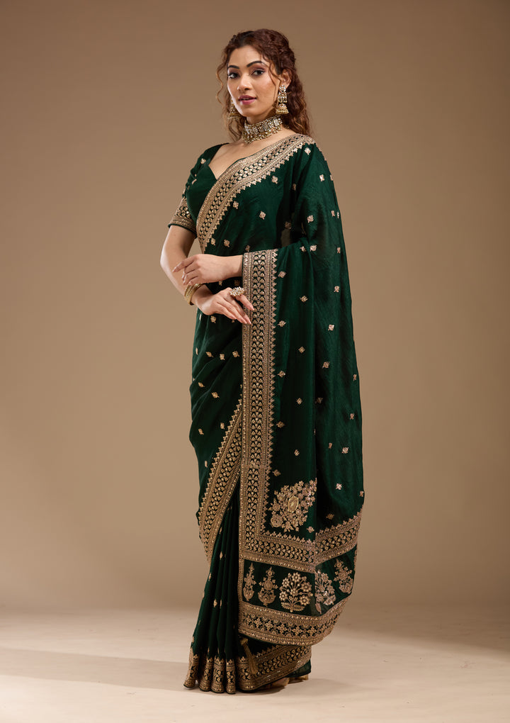 Bottle Green Soft Raw Silk Cording Saree With Matching Blouse Piece