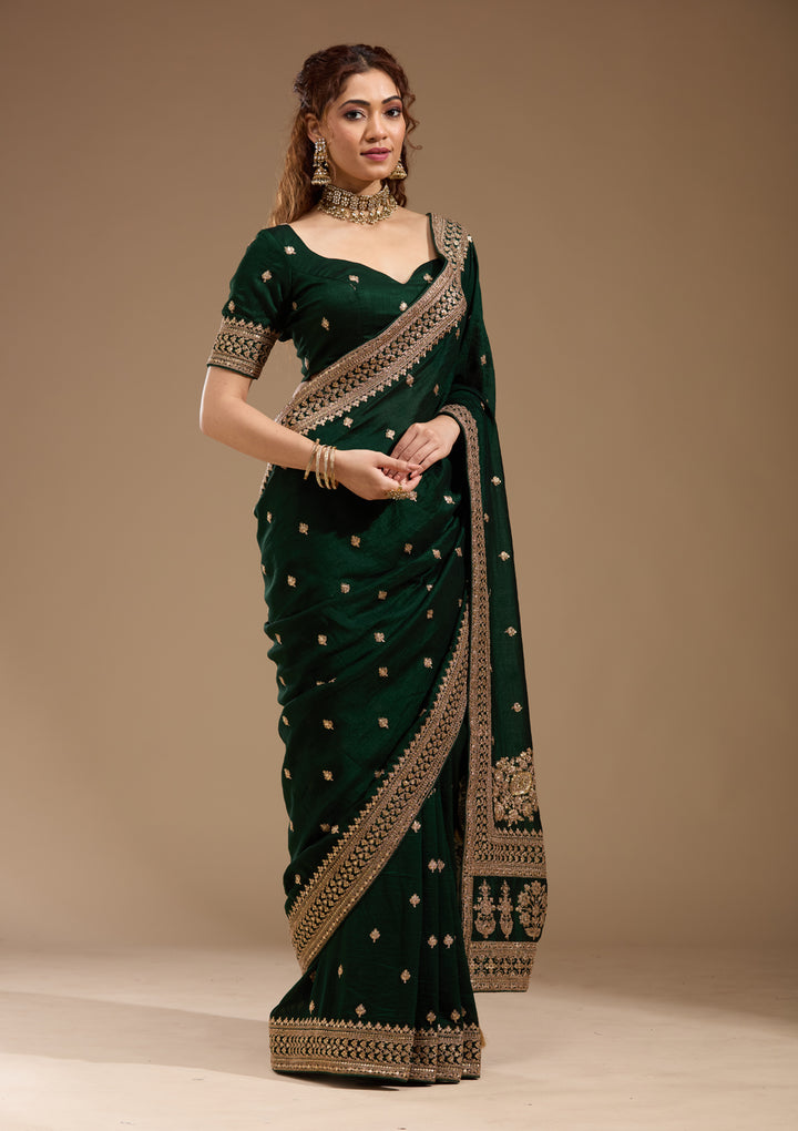 Bottle Green Soft Raw Silk Cording Saree With Matching Blouse Piece
