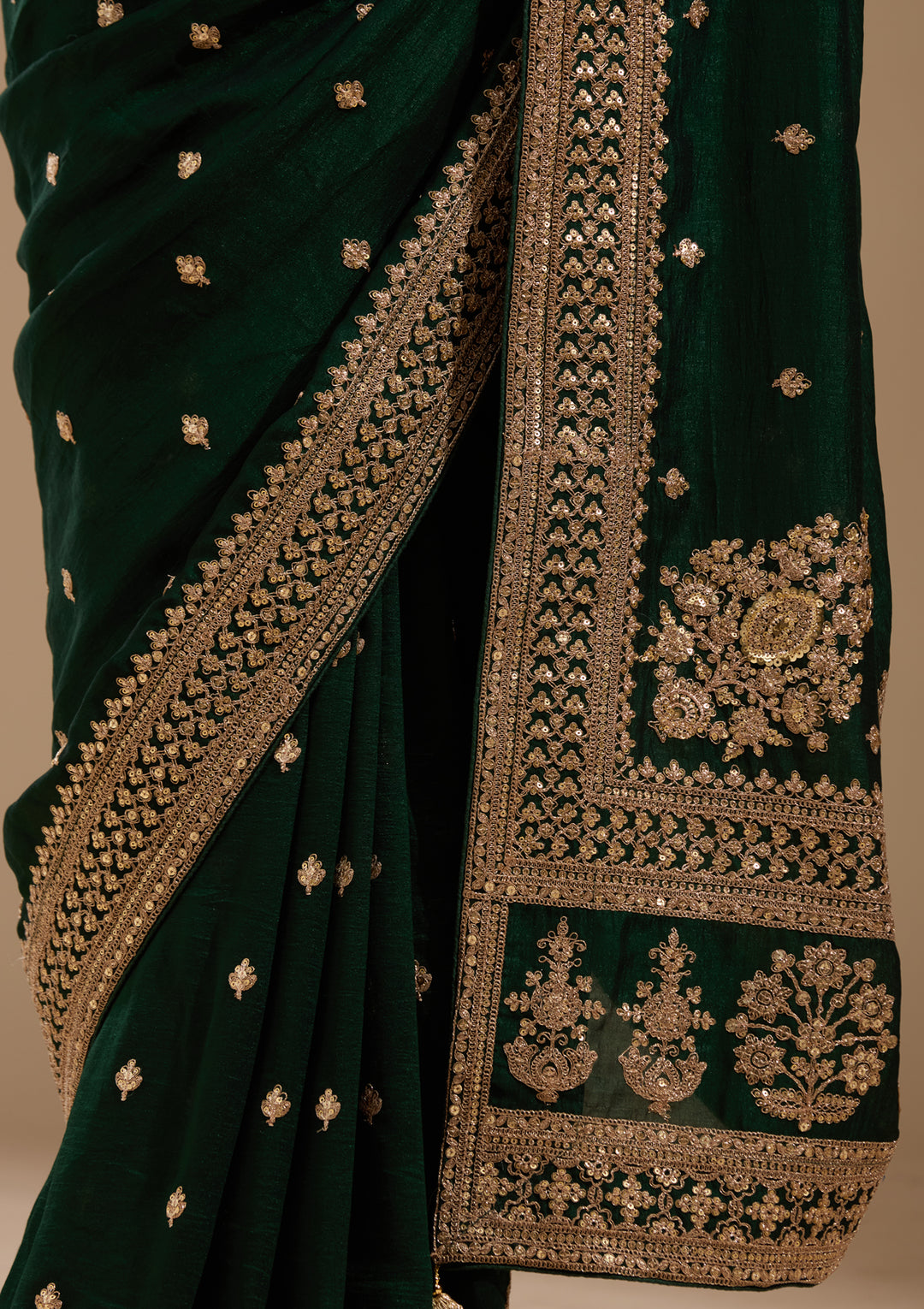 Bottle Green Soft Raw Silk Cording Saree With Matching Blouse Piece