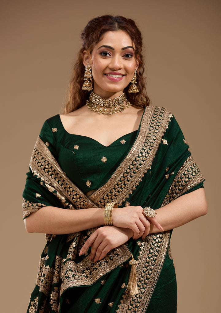 Bottle Green Soft Raw Silk Cording Saree With Matching Blouse Piece