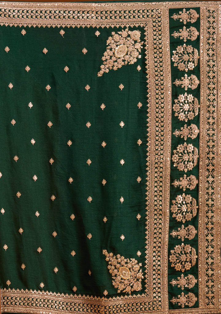 Bottle Green Soft Raw Silk Cording Saree With Matching Blouse Piece