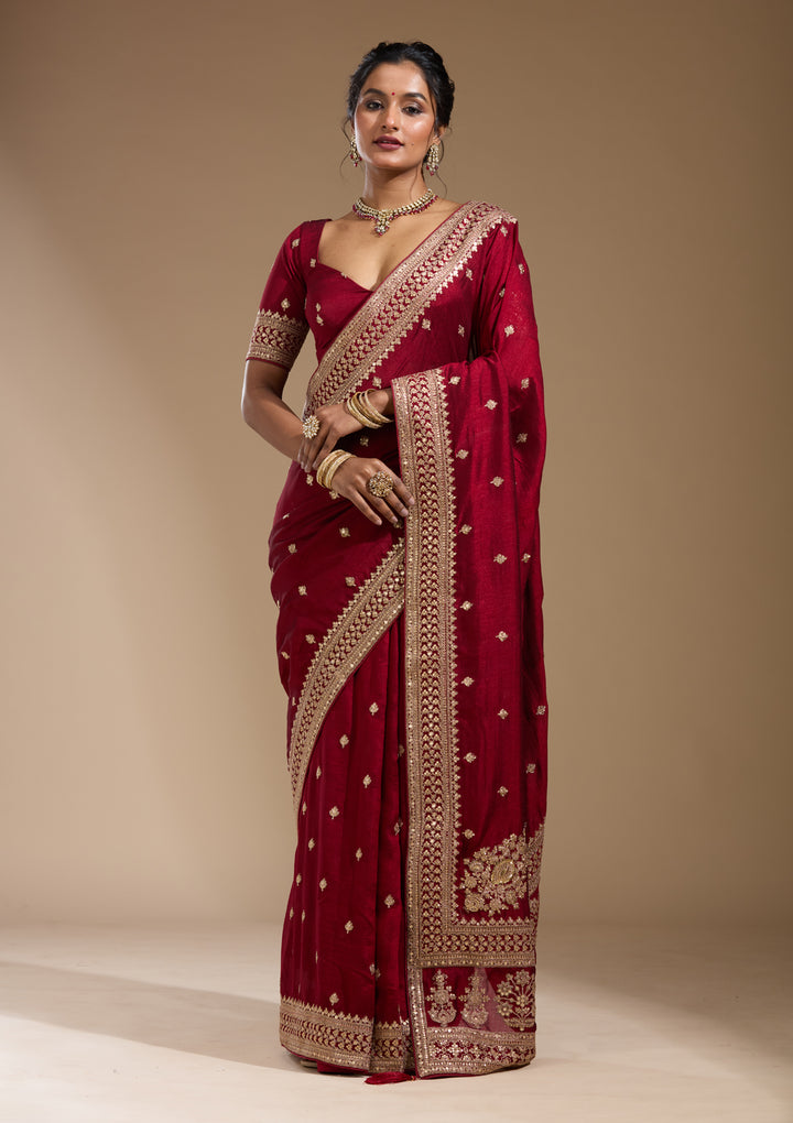 Maroon Soft Raw Silk Cording Saree With Matching Blouse Piece