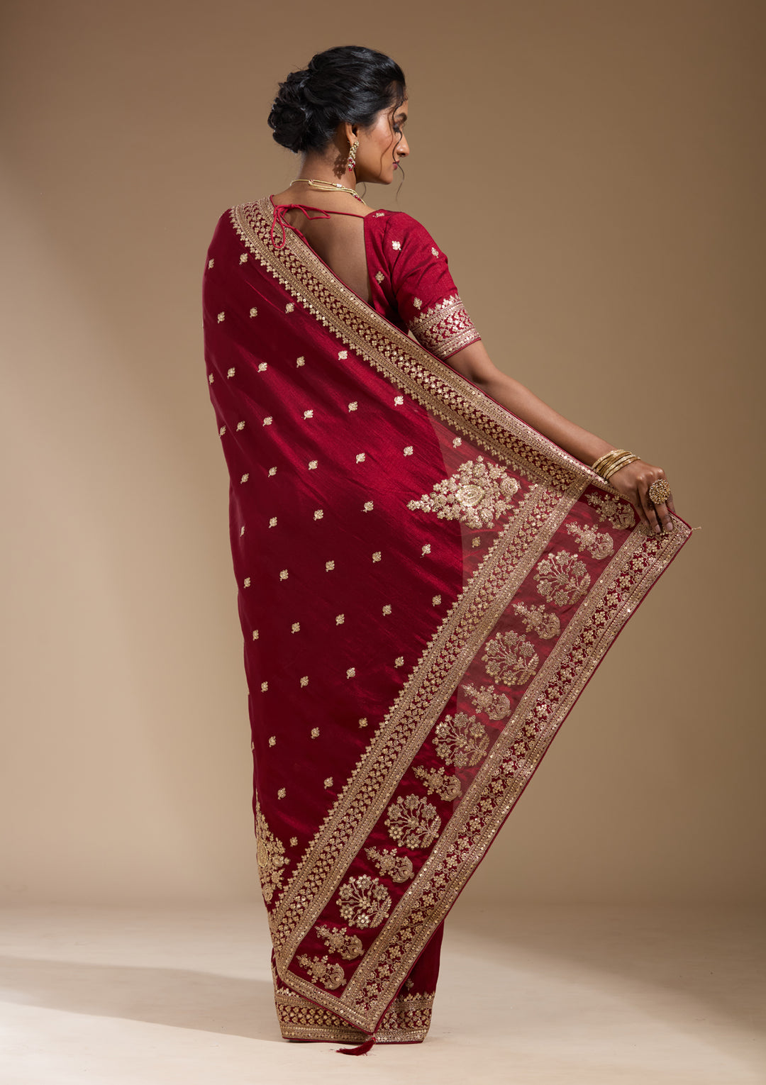 Maroon Soft Raw Silk Cording Saree With Matching Blouse Piece