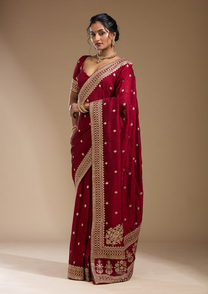 Maroon Soft Raw Silk Cording Saree With Matching Blouse Piece